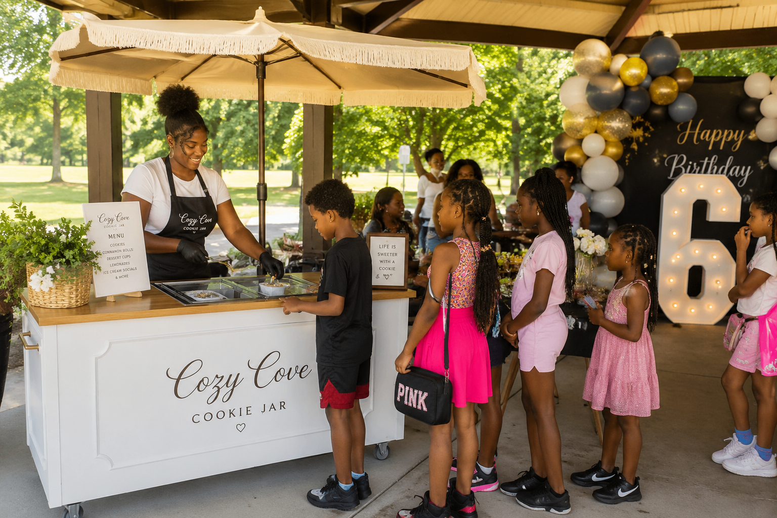 Cozy Cove Cookie Jar cart serving treats at an outdoor birthday party
