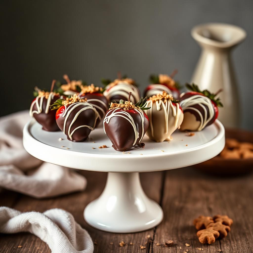 Hand-dipped chocolate-covered strawberries on a white cake stand